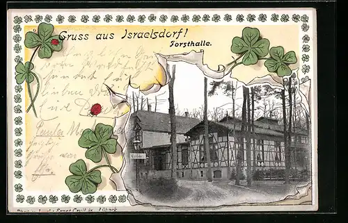 Präge-AK Israelsdorf, Forsthalle, Kleeblätter mit Marienkäfern, Passepartout
