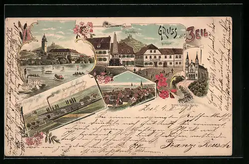 Lithographie Zeil, Marienberg, Marktplatz, Mechanische Weberei, Teilansicht