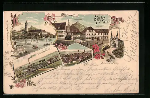 Lithographie Zeil, Teilansicht, Marien-Lourdes-Kirche, Marktplatz, Marienberg