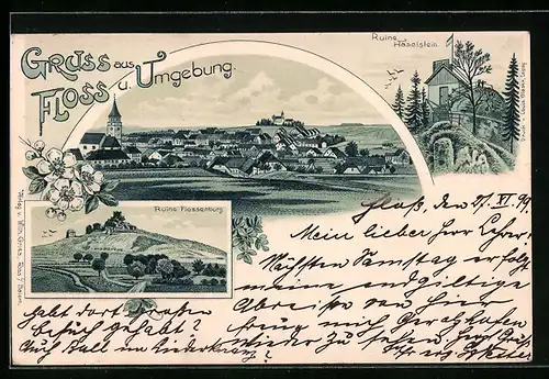 Lithographie Floss, Totalansicht, Ruine Haselstein, Ruine Flossenburg