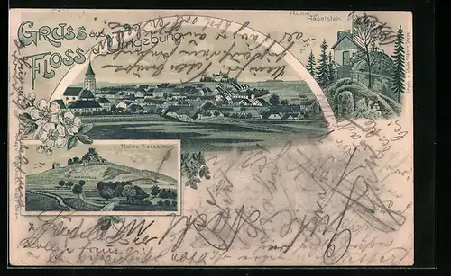 Lithographie Floss, Totalansicht, Ruine Flossenburg, Ruine Haselstein