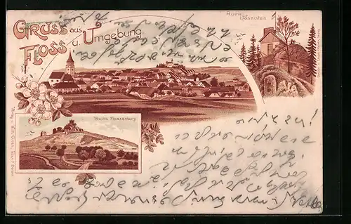 Lithographie Floss, Ruine Haselstein, Totalansicht, Ruine Flossenburg