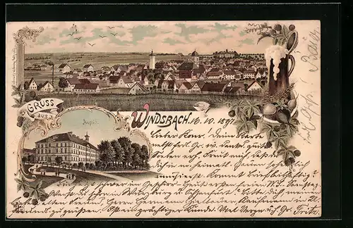 Lithographie Windsbach, Totalansicht, Anstalt