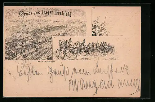 Vorläufer-Lithographie Lechfeld /Truppenlager, 1895, Totalansicht, Feldartillerie im Marsch