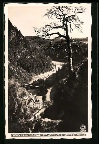 Foto-AK Walter Hahn, Dresden, Nr. 2607: Polenz, Polenztal mit Gasthaus Waltersdorfer Mühle