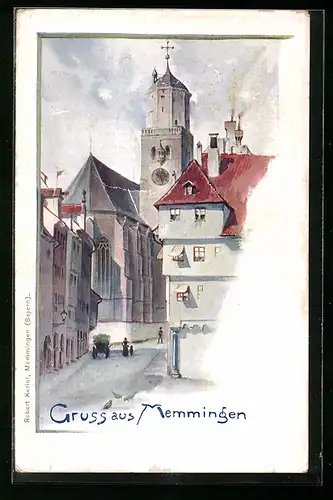 Künstler-AK Memmingen, Strassenpartie im Ort mit Kirche