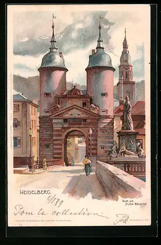 Lithographie Heidelberg, Tor der alten Brücke