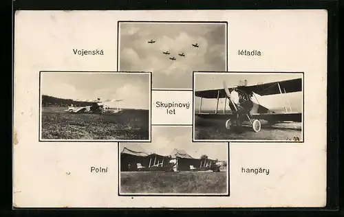 AK Tschechische Flugzeuge am Himmel, am Boden und im Hangar