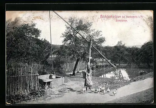 AK Böhlscheiben b. Blankenburg i. Th., Blick auf den Ziehbrunnen mit Mädchen und Gänsen