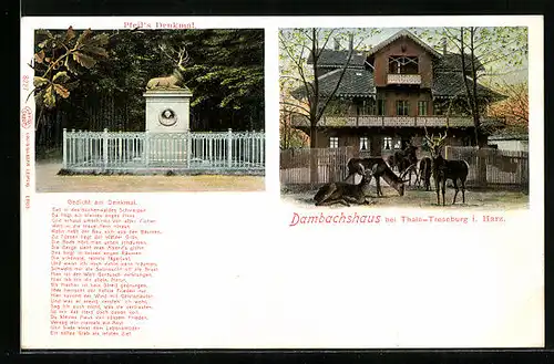 AK Thale-Treseburg i. Harz, Dambachshaus, Pfeil`s Denkmal Hirsch