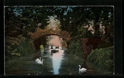 AK Wörlitz, Flusspartie mt Sonnenbrücke und Ruderboot