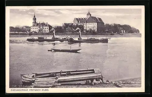 AK Pretzsch /Elbe, Kleiner Dampfer auf dem Fluss