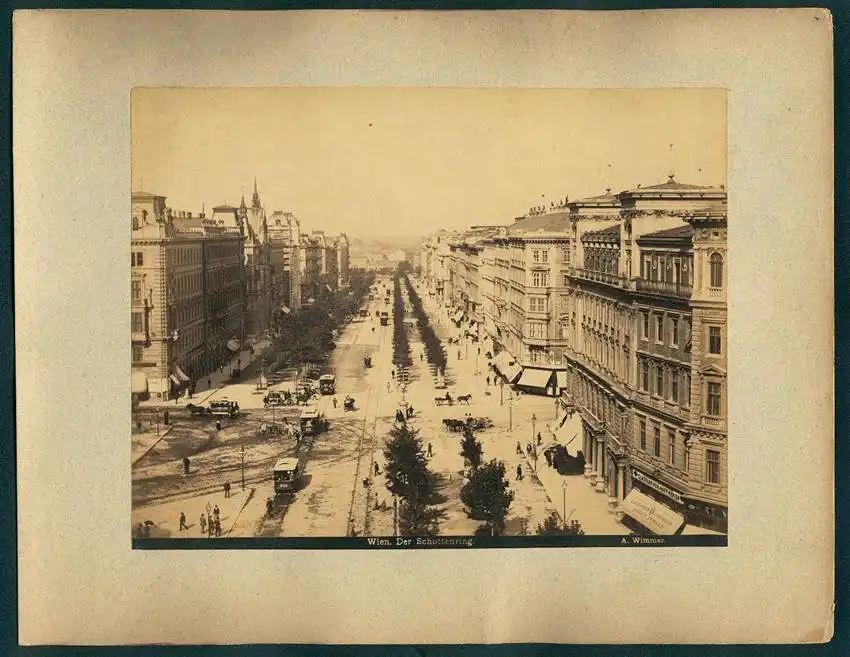 Fotografie A. Wimmer, Ansicht Wien, Blick auf den Schottenring mit Pferdebahn und Glasfarbik Josef Inwald, Wohnhäuser 0