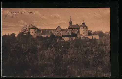 AK Langenburg, Blick auf das Schloss zwischen dichtem Wald