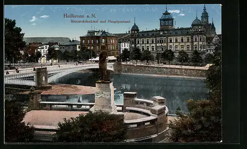 AK Heilbronn a. N., Teilansicht auf die Stadt mit Bismarckdenkmal u. Hauptpostamt