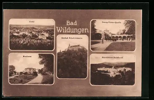 AK Bad Wildungen, Kurhaus, Georg-Victor-Quelle, Schloss Friedrichstein