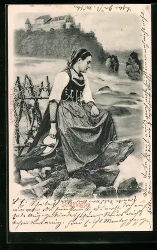 AK Schaffhausen, Frau in Tracht am Rheinfall