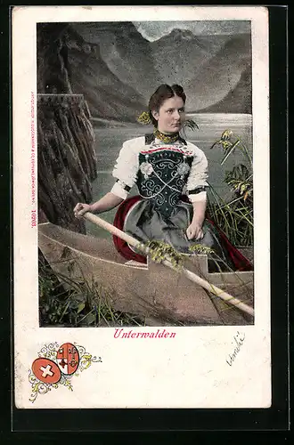 Lithographie Frau in Tracht aus Unterwalden in einem Boot