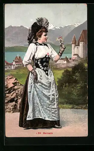 AK Bernerin in Tracht mit Hut und Blumen