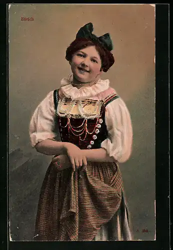 AK Zürich, Junge Frau in Tracht