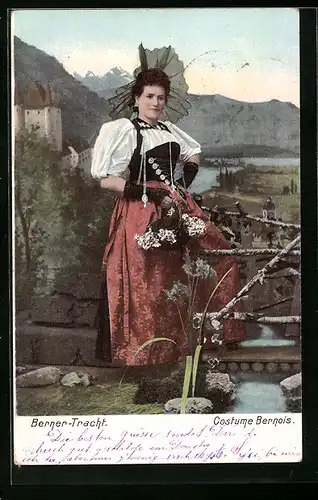 AK Junge Frau in Berner Tracht mit Blumen