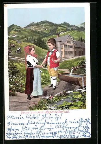 AK Kinder in Appenzeller Tracht auf einer Almwiese
