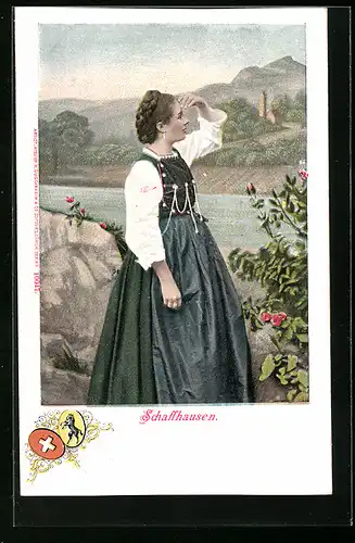 AK Schaffhausen, Junge Frau in Tracht am Rhein