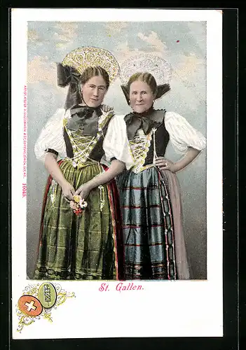 AK St. Gallen, Frauen in Tracht mit Blumen