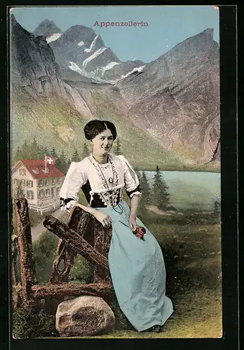 AK Appenzellerin in Tracht vor Bergpanorama