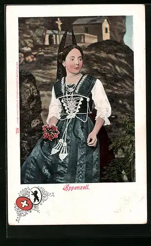 AK Junge Frau in Appenzeller Tracht mit Blumen