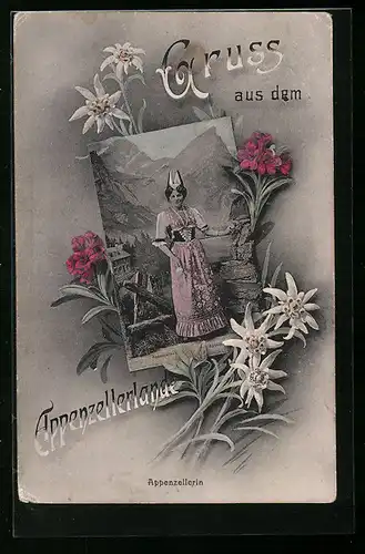 AK Appenzellerin in Tracht vor Bergen