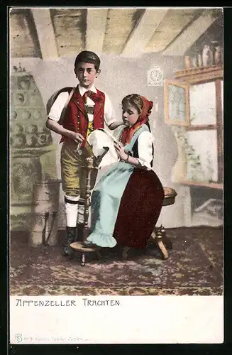 AK Kinder in Appenzeller Trachten in einer Stube