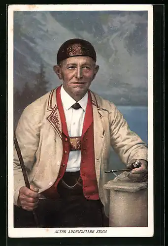 AK Alter Appenzeller Senn in Tracht mit Pfeife