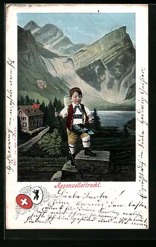 AK Junge in Appenzellertracht mit Stock und Pfeife