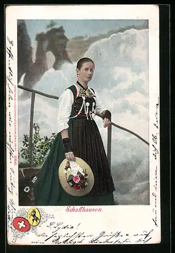 AK Schaffhausen, Junge Frau in Tracht vor dem Rheinfall