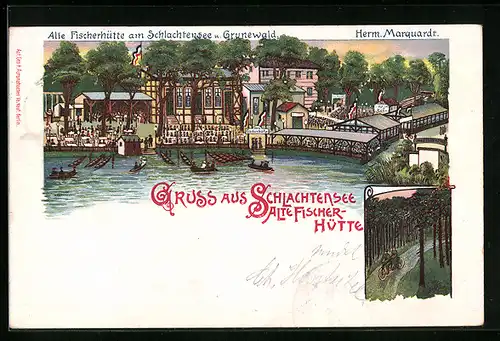 Lithographie Berlin-Grunewald, Gasthaus Alte Fischerhütte am Schlachtensee, Paar auf einem Tandem