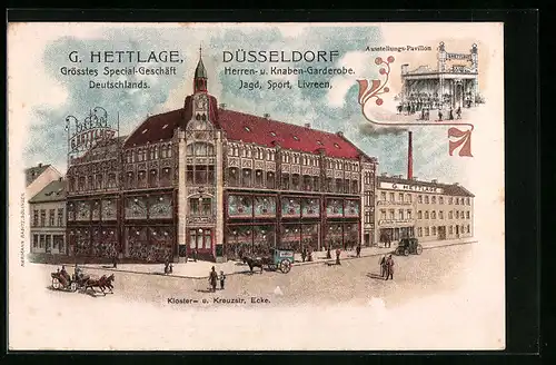 Lithographie Düsseldorf, Herren-Modegeschäft G. Hettlage Ecke Kloster- u. Kreuzstrasse, Ausstellungs-Pavillon