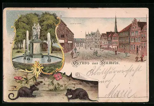 Lithographie Hameln, Osterstrasse mit Passanten, Brunnen, Ratten