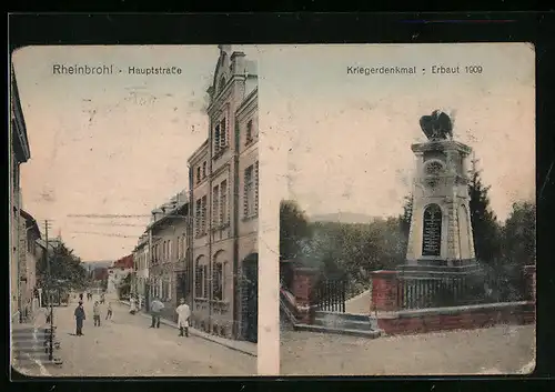 AK Rheinbrohl, Hauptstrasse, Kriegerdenkmal erbaut 1909