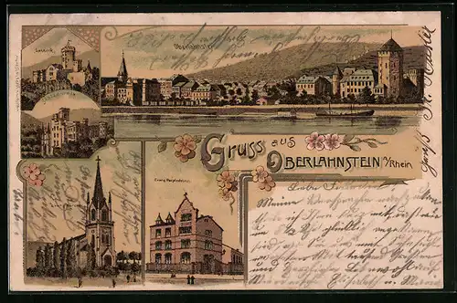Lithographie Oberlahnstein a. Rhein, Burg Lahneck, Burg Stolzenfels, Evangelische Kirche