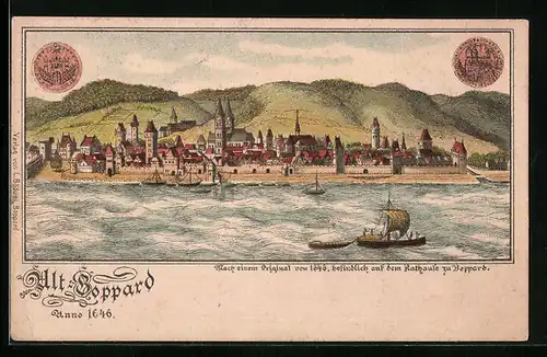 Lithographie Alt-Boppard, Uferpartie mit Kirche