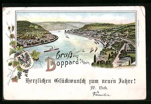 Vorläufer-Lithographie Boppard a. Rhein, 1895, Panorama, Neujahrsgruss