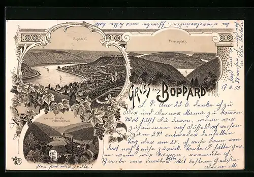 Lithographie Boppard, Pension Henzler im Obermühlthal, Vierseenplatz, Teilansicht