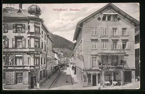 AK Wildbad, Hauptstrasse mit Hotel Schmid
