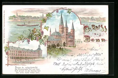 Lithographie Bonn, Panorama der Stadt, Universität