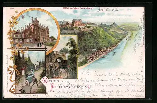 Lithographie Petersberg /Rh., Ortsansicht mit Hotel, Zahnradbahn