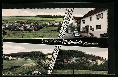 AK Niederdreis /Westerwald, Gesamtansicht, Haus mit VW-Käfer, Teilansichten