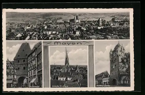 AK Mayen, Ortsansicht mit Burg aus der Vogelschau, Schiefer Kirchturm
