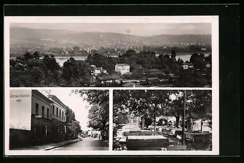 AK Rolandseck /Rh., Hotel-Restaurant Düsseldorfer Hof mit Garten, Ortsansicht mit Rhein