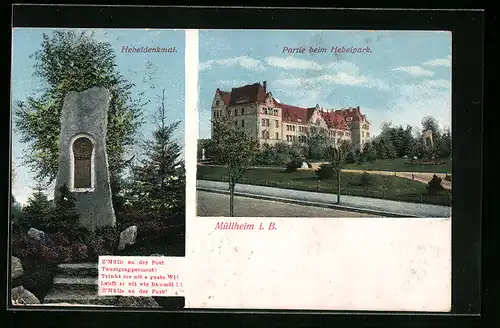 AK Müllheim i. B., Gebäude im Hebelpark, Hebeldenkmal